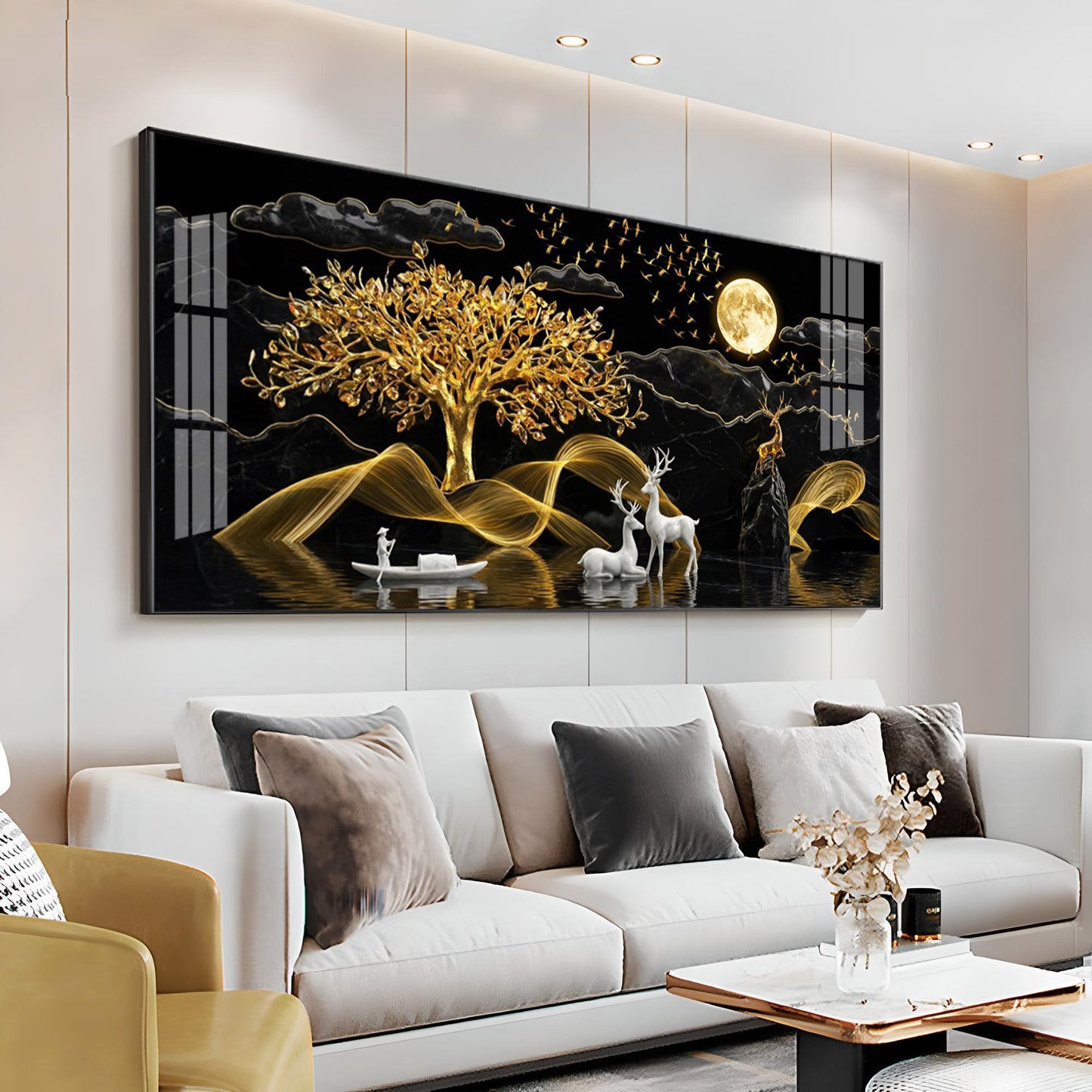 White Deer With Golden Tree Premium Acrylic Horizontal Wall Art