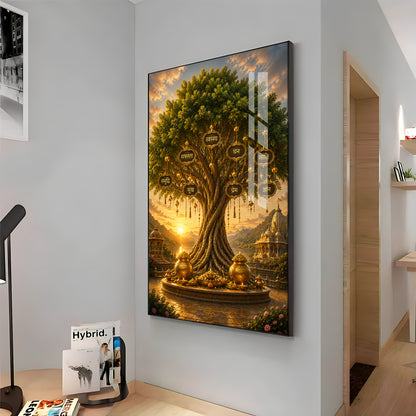 Golden Kalpavriksha Tree Premium Acrylic Vertical Wall Art