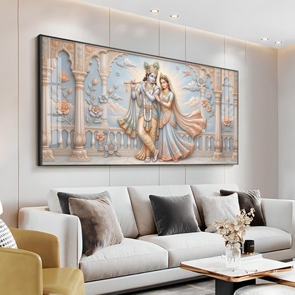 Krishna Playing The Flute Beside Radha Premium Acrylic Horizontal Wall Art