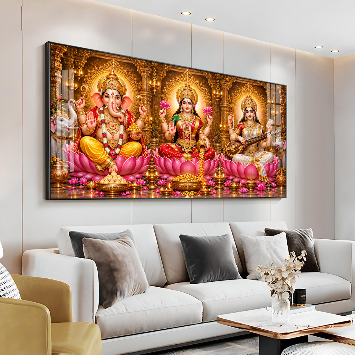 Lord Ganesha, Goddess Lakshmi & Goddess Saraswati Premium Acrylic Horizontal Wall Art