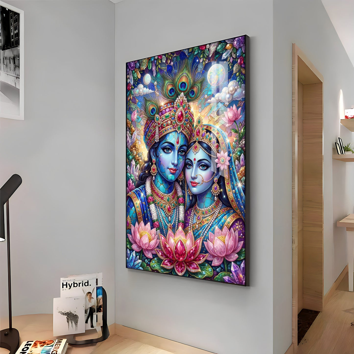 Radha Krishna With Blooming Lotus Flowers Premium Acrylic Vertical Wall Art