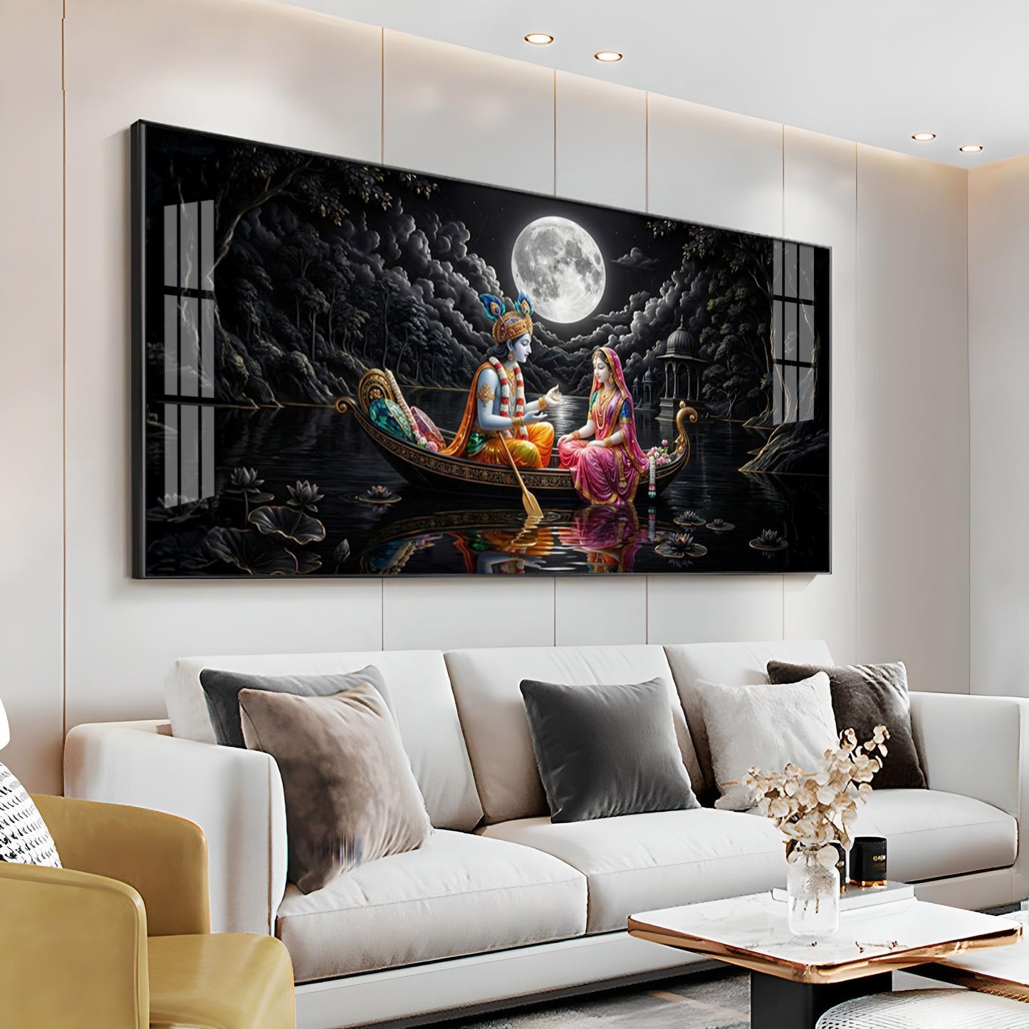 Radha & Krishna's Moonlit Journey Premium Acrylic Horizontal Wall Art