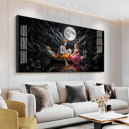 Radha & Krishna's Moonlit Journey Premium Acrylic Horizontal Wall Art
