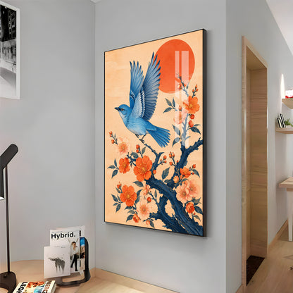 Flying Bluebird & Orange Blossoms Premium Acrylic Vertical Wall Art