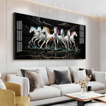 Splashing Stallions White Seven Horses Premium Acrylic Horizontal Wall Art