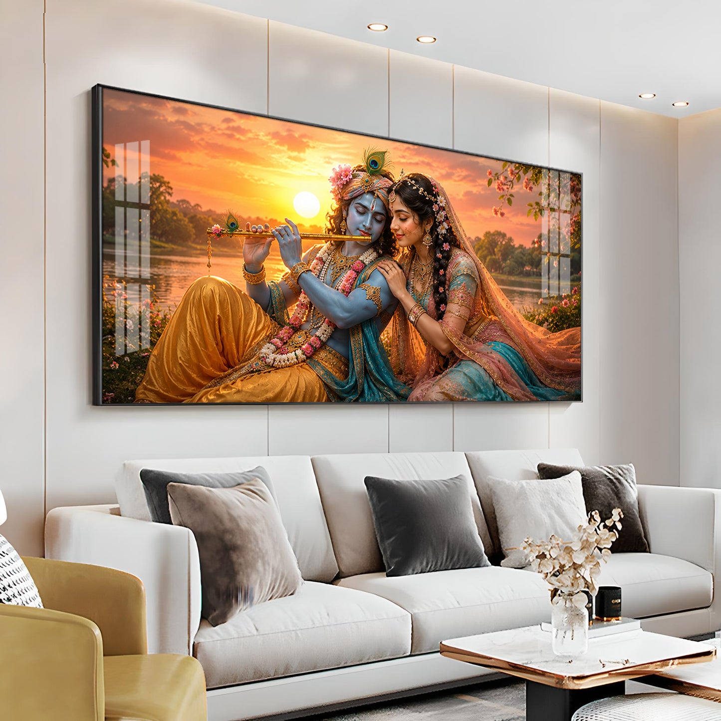 Radha & Krishna Sitting Tranquil Lakeside Premium Acrylic Horizontal Wall Art