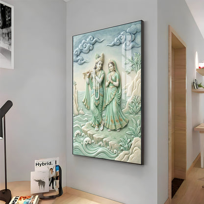 Krishna Playing The Flute Beside Radha Premium Acrylic Vertical Wall Art