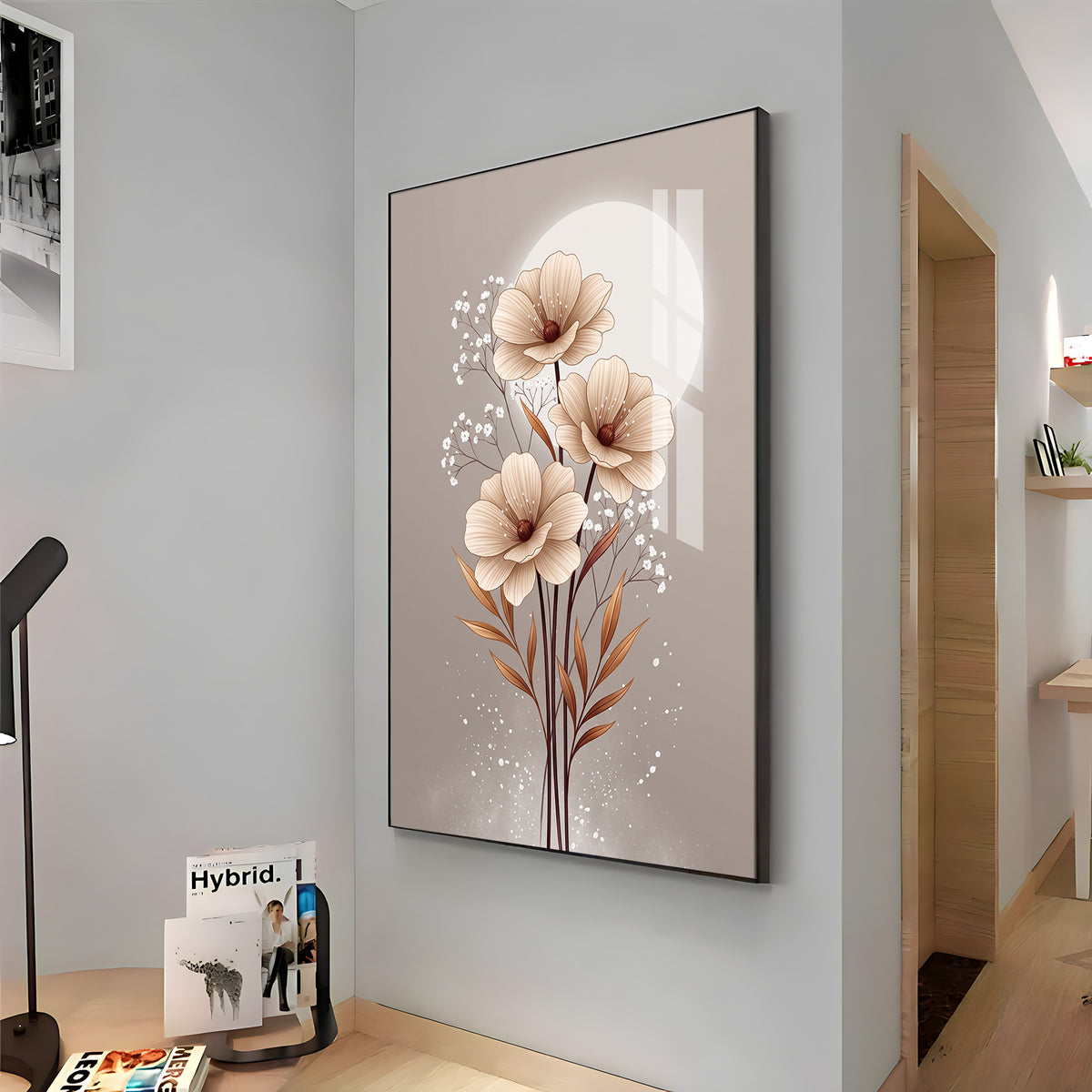 Soft Floral Bouquet & Moon Premium Acrylic Vertical Wall Art