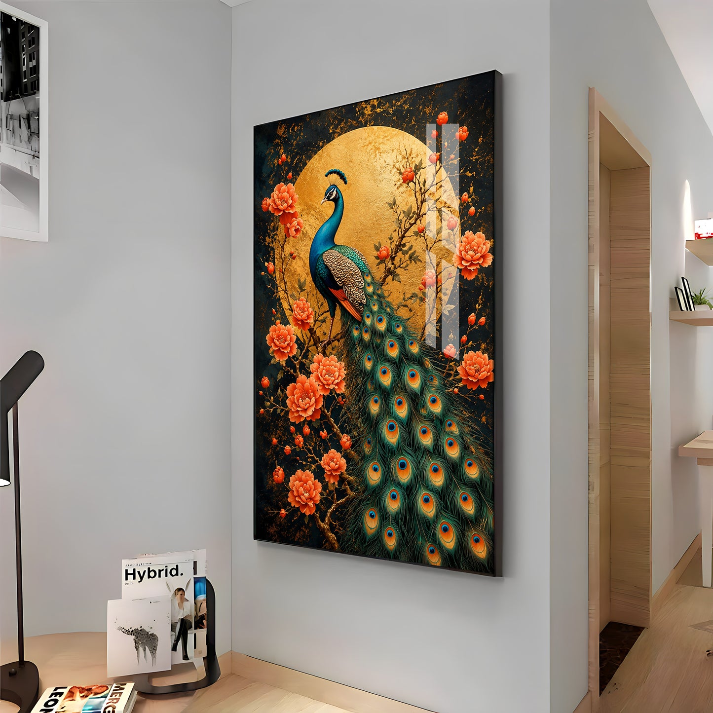 Golden Moon Peacock Premium Acrylic Vertical Wall Art