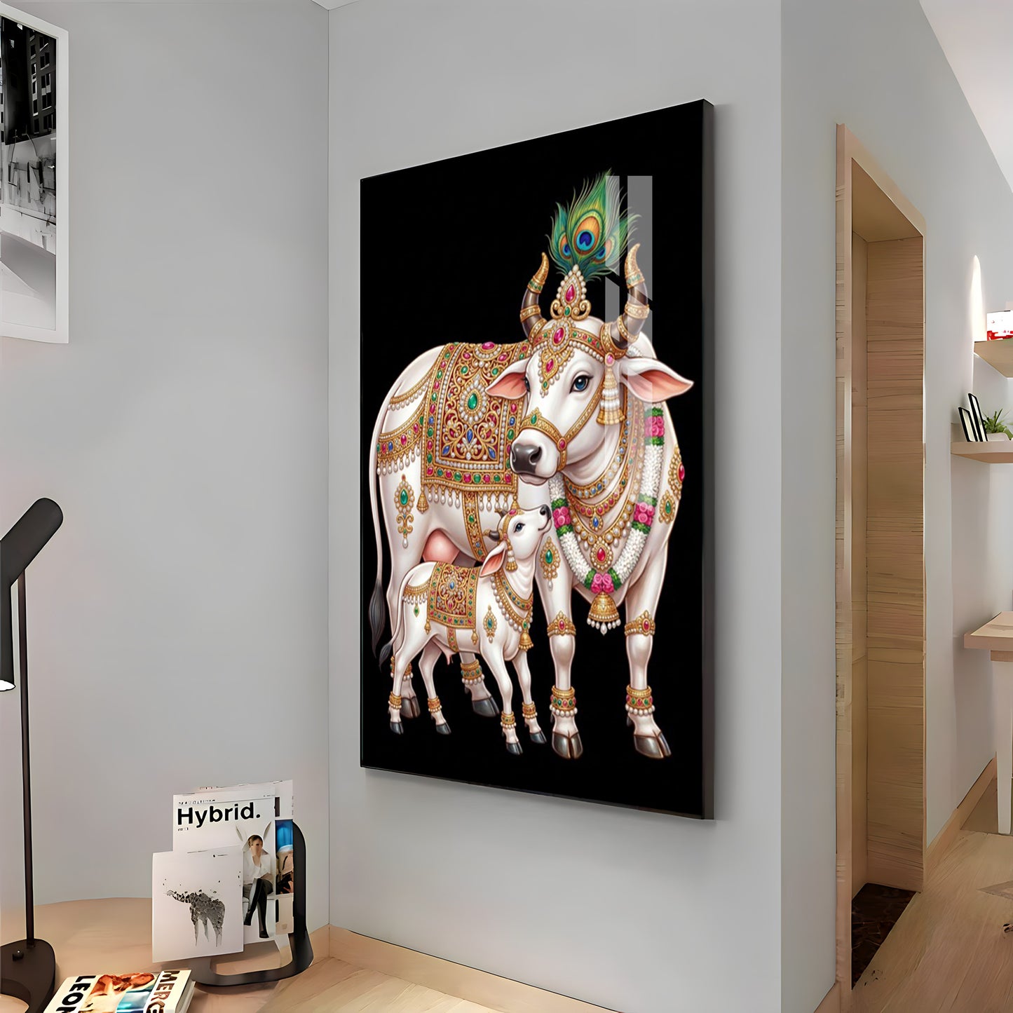 Kamdhenu Cow With Calf Premium Acrylic Vertical Wall Art