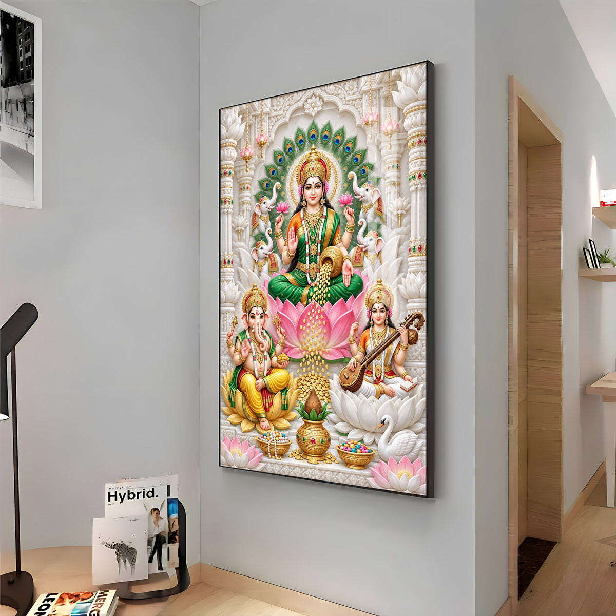 Lakshmi Saraswati Ganesha Peacock Halo Premium Acrylic Vertical Wall Art