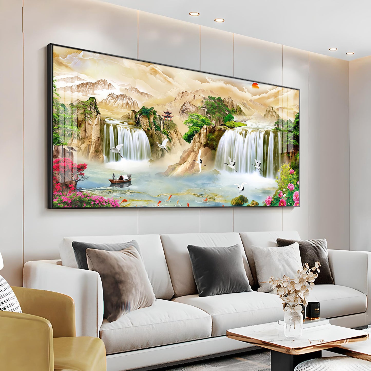 Serene Landscape With Cranes & Flowers Premium Acrylic Horizontal Wall Art