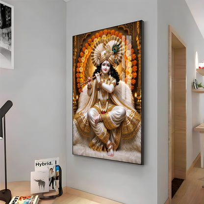 Beautiful Lord Krishna Playing The Flute Premium Acrylic Vertical Wall Art