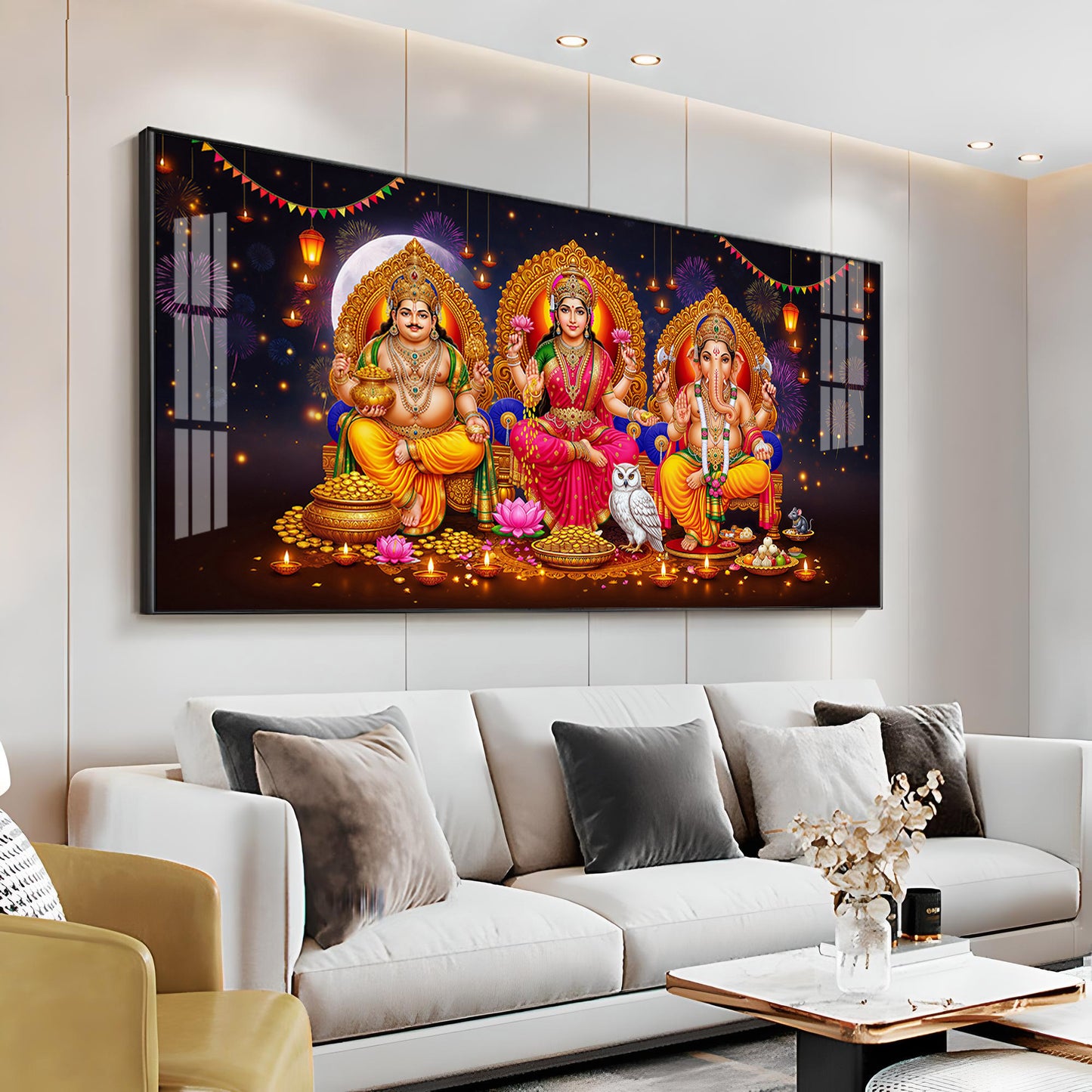 Lord Kubera,Goddess Lakshmi & Lord Ganesha Premium Acrylic Horizontal Wall Art