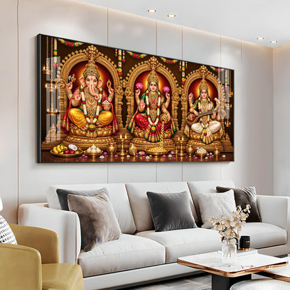 Goddess Laxmi, God Ganesh & Maa Saraswati Premium Acrylic Horizontal Wall Art