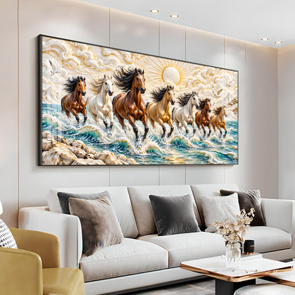Seven Running Horses in Sea Premium Acrylic Horizontal Wall Art