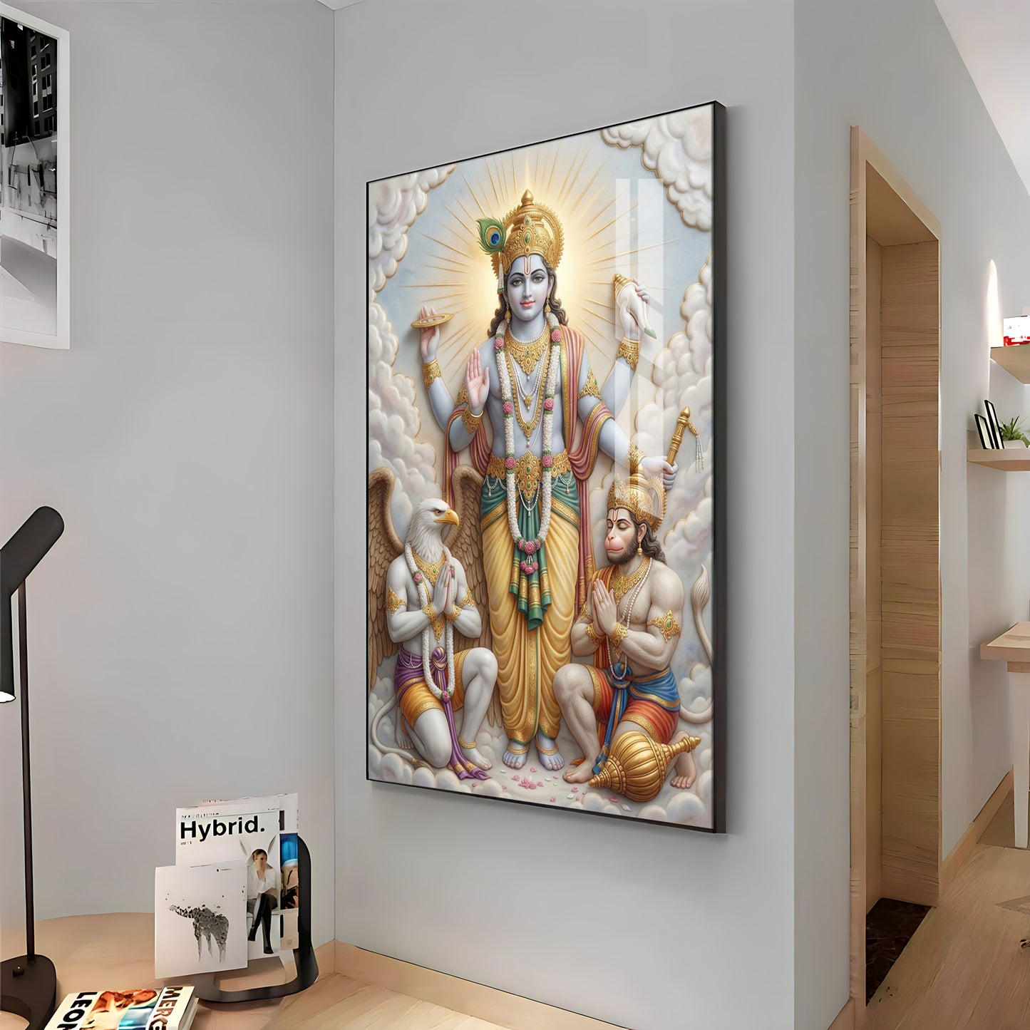 Lord Vishnu With Garuda And Hanuman Ji Premium Acrylic Vertical Wall Art