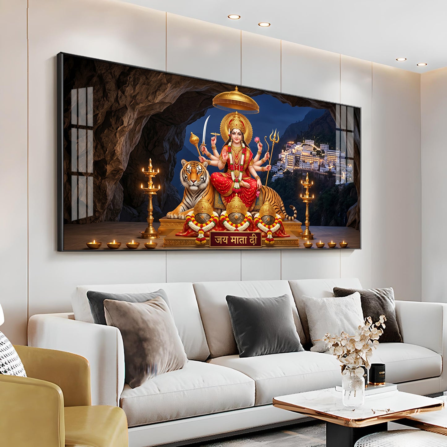 Goddess Durga With Maa Vaishno Devi Temple Premium Acrylic Horizontal Wall Art