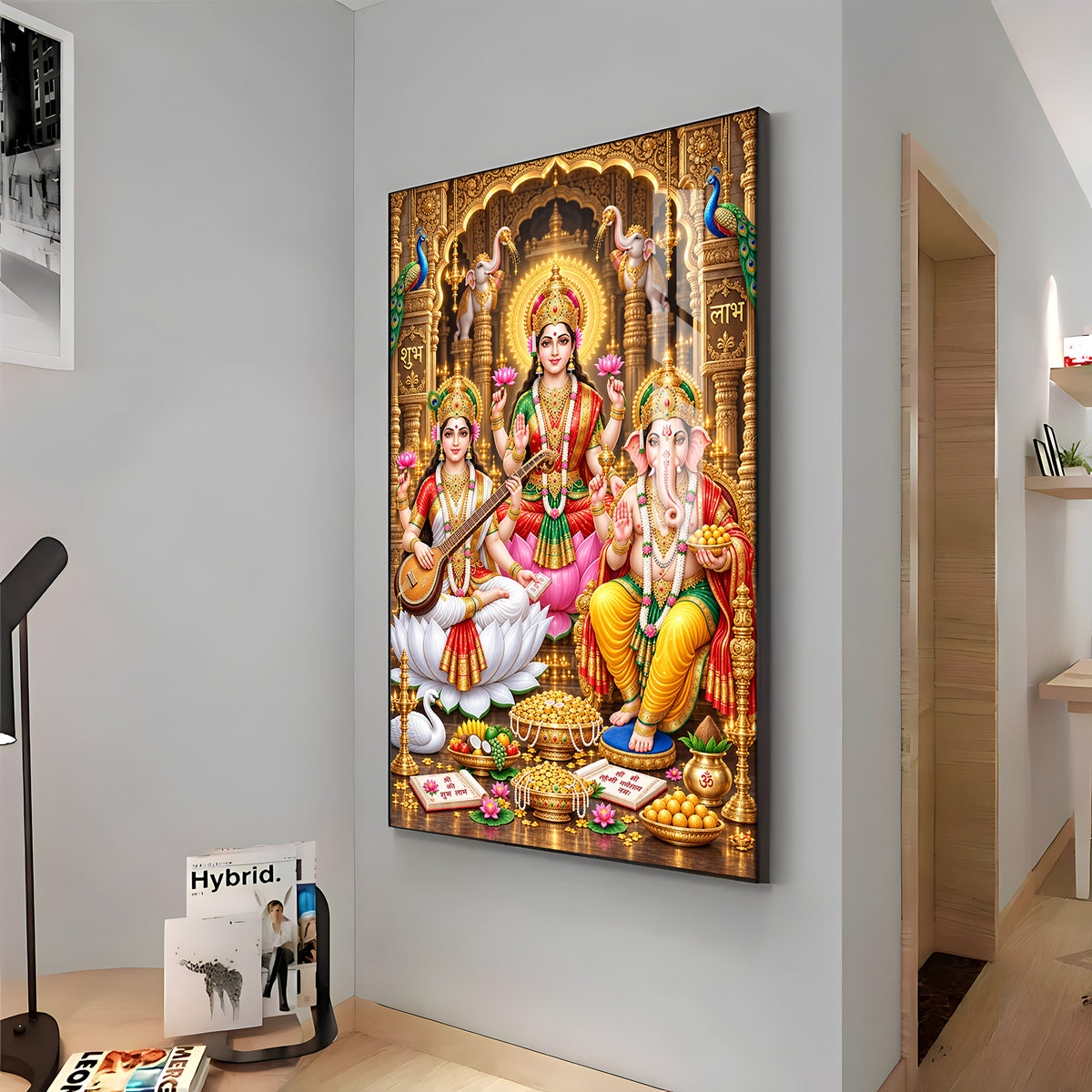 Maa Lakshmi, Ganesha and Saraswati Premium Acrylic Vertical Wall Art