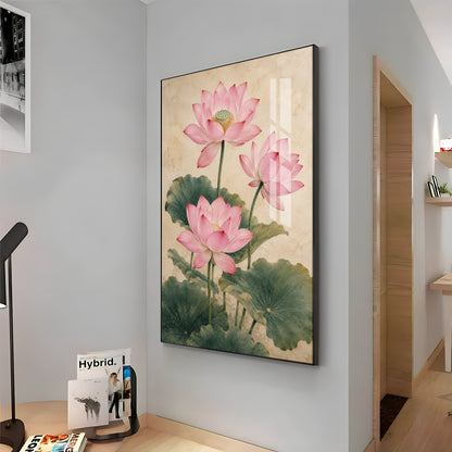 Elegant Vintage Botanical Pink Lotus Premium Acrylic Vertical Wall Art