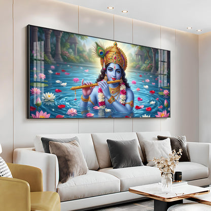 Krishna With Flute Under Pond Premium Acrylic Horizontal Wall Art