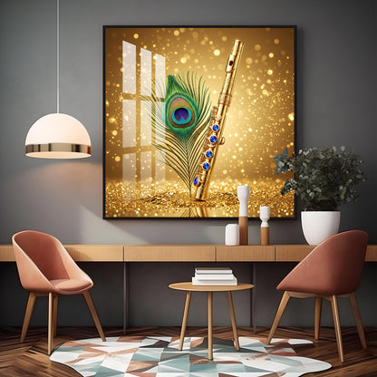 Flute With Peacock Feather Premium Acrylic Square Wall Art