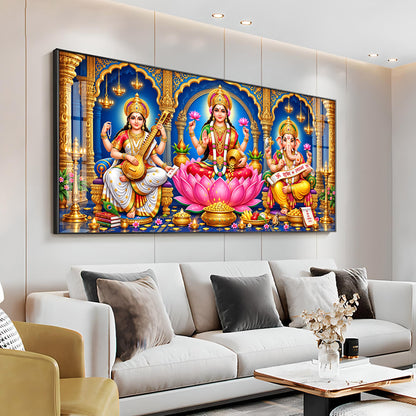 Maa Lakshmi, Saraswati & Ganesha Premium Acrylic Horizontal Wall Art