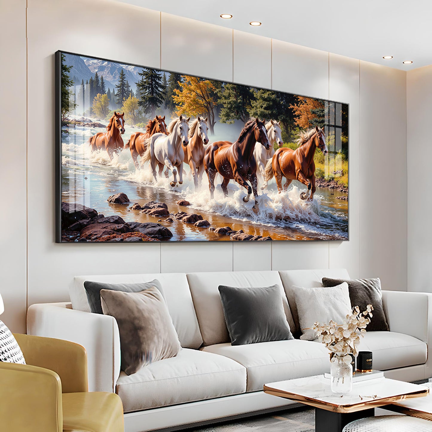Running Horses in River Premium Acrylic Horizontal Wall Art
