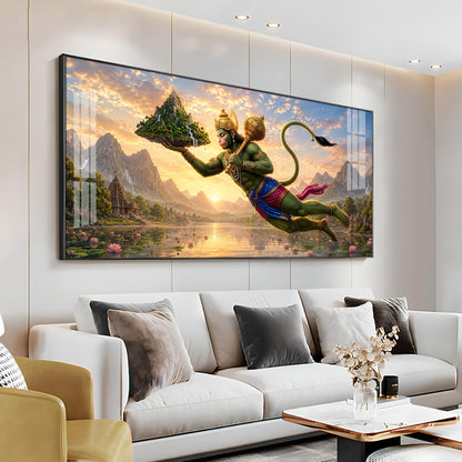 Lord Hanuman Carrying Sanjeevani Mountain Premium Acrylic Horizontal Wall Art