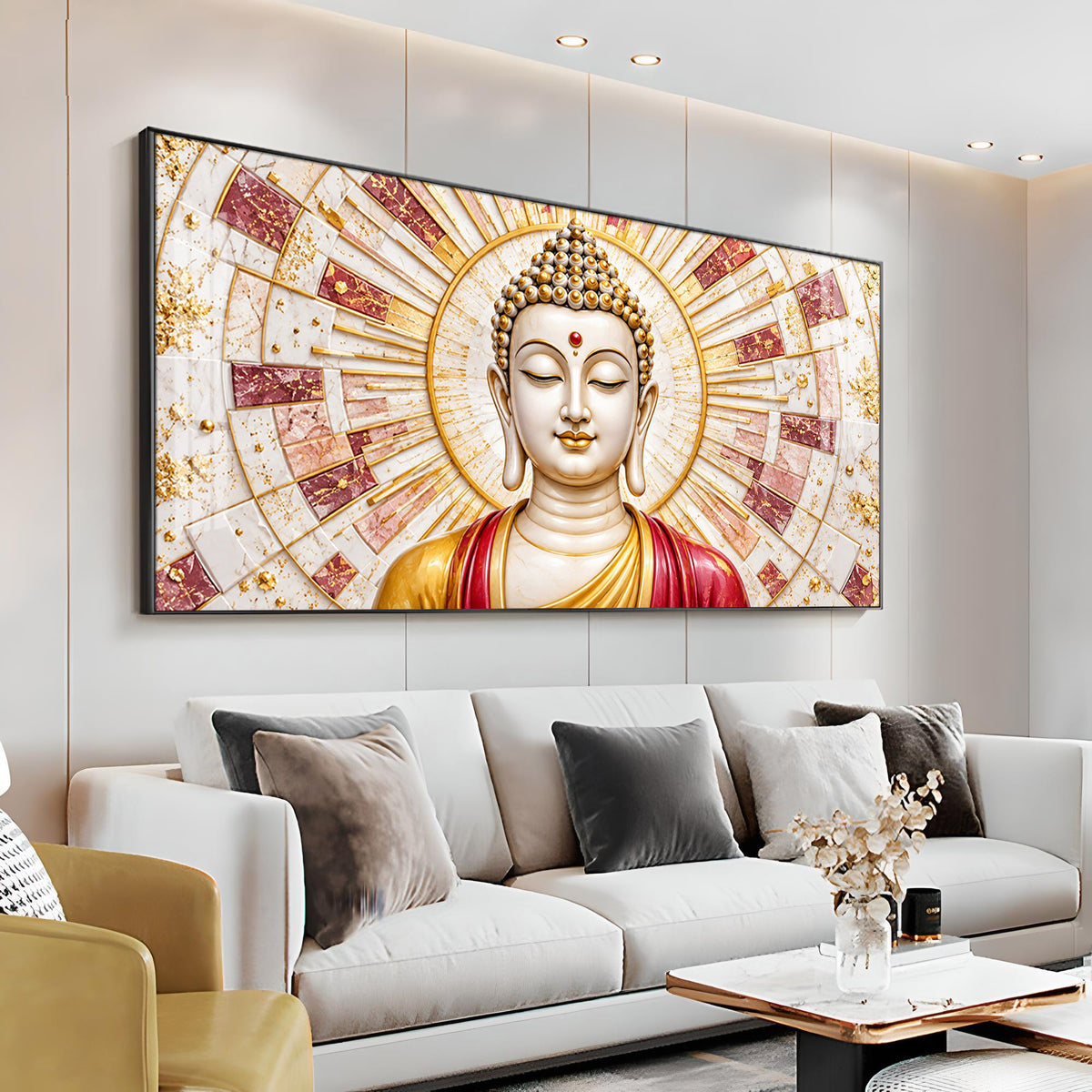 Golden Sunburst Buddha Premium Acrylic Horizontal Wall Art
