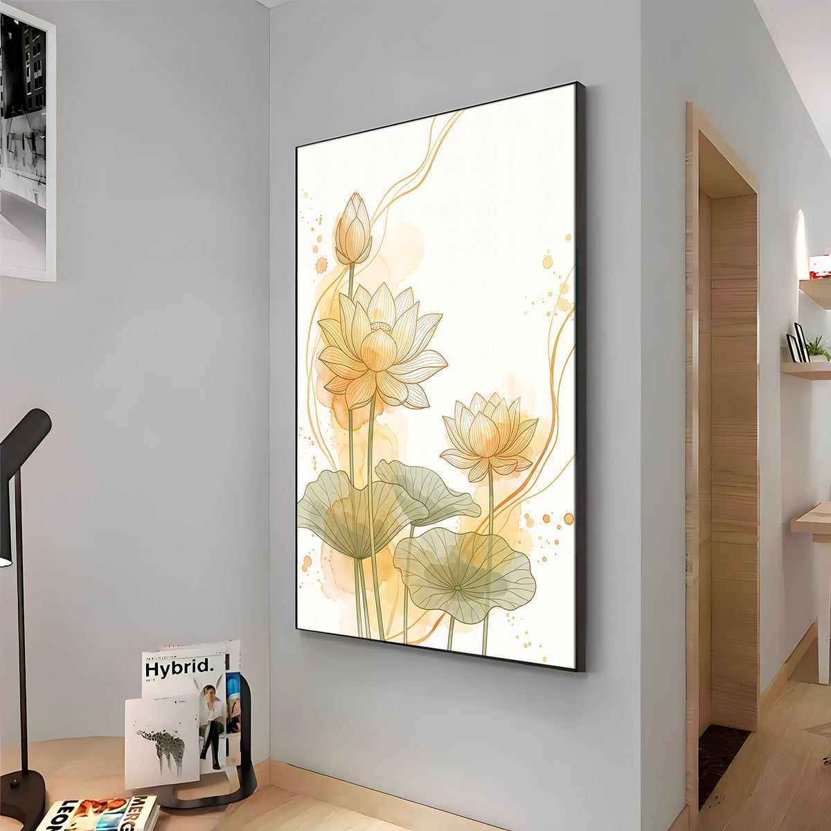 Golden Lotus Line Art Premium Acrylic Vertical Wall Art
