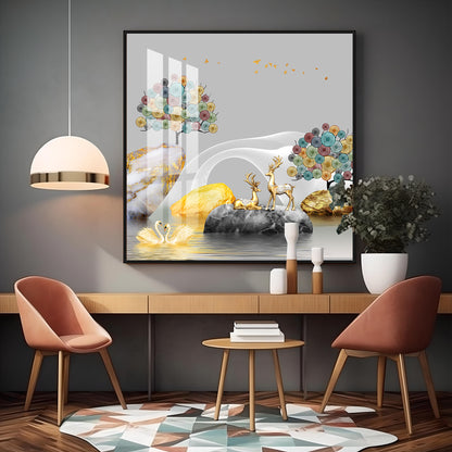 Couple Of Deer & Swan Premium Acrylic Square Wall Art
