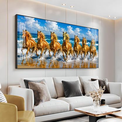 Seven Golden Horses In Ocean Premium Acrylic Horizontal Wall Art