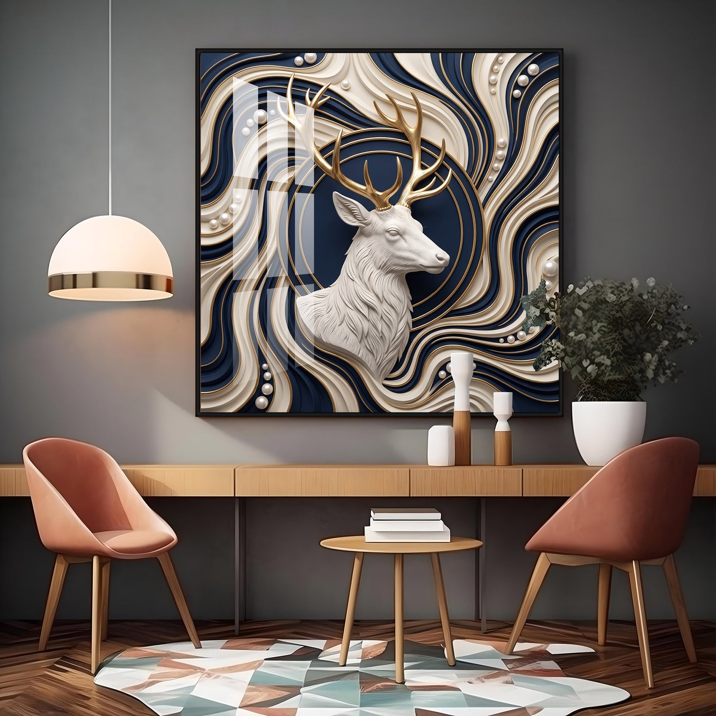 White Stag With Golden Antlers Luxury 3D Premium Acrylic Sqaure Wall Art