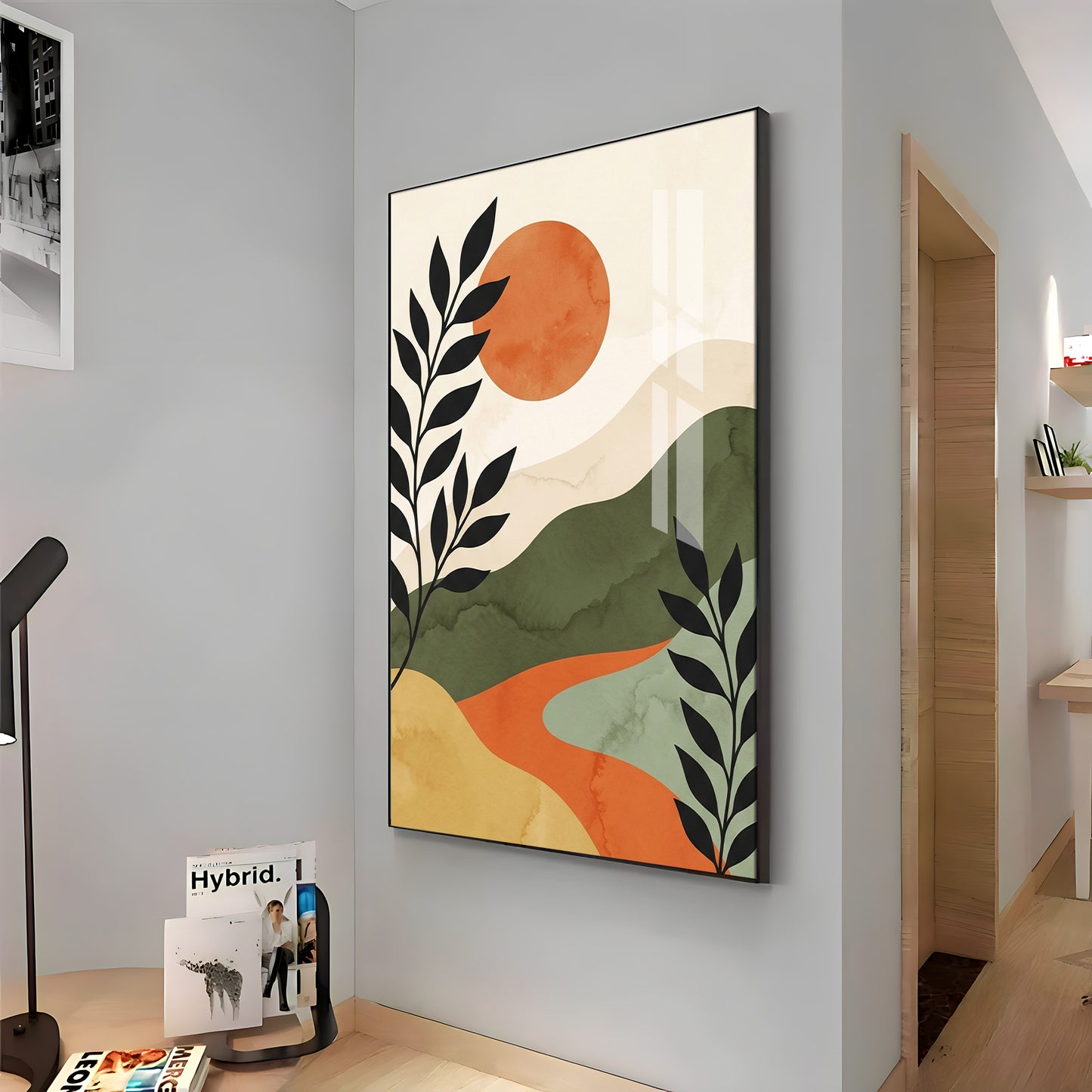 Earth-Toned Mountains & Red Moon Premium Acrylic Vertical Wall Art