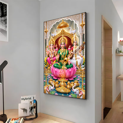 Maa Laxmi Ji, Maa Saraswati & Ganesh Ji Premium Acrylic Vertical Wall Art