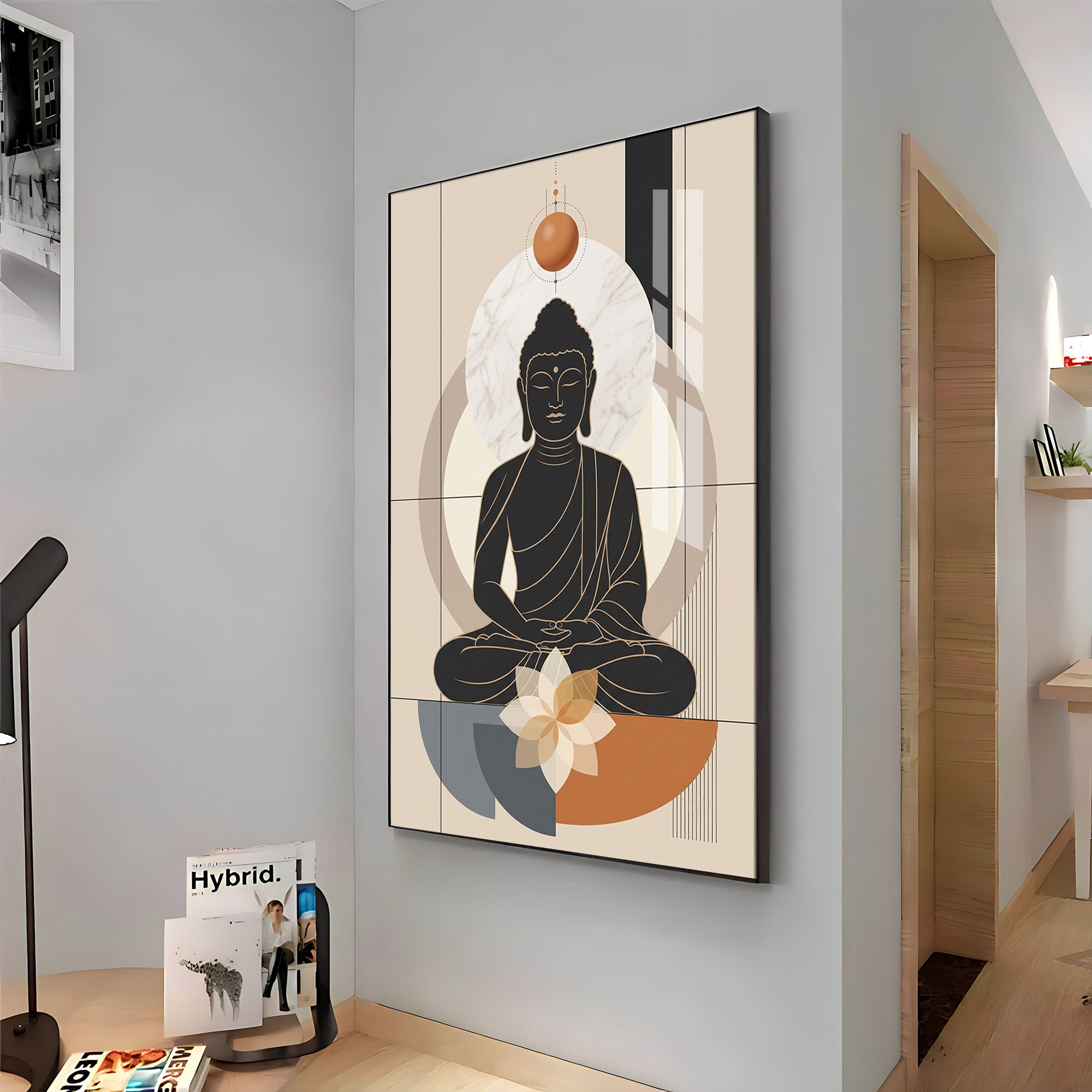 Minimal Black Buddha & Lotus Premium Acrylic Vertical Wall Art