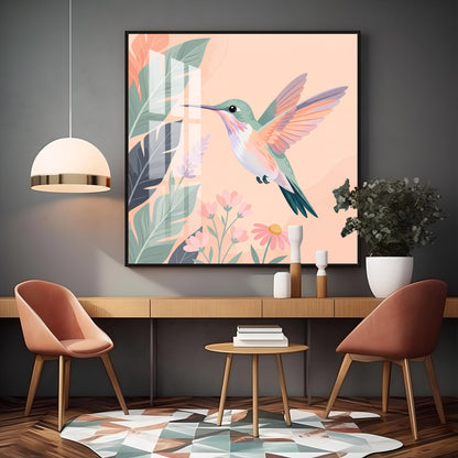 Hummingbird In Flight & Flowers Premium Acrylic Square Wall Art