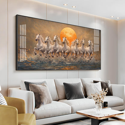 Majestic White Horses With Warm Sun Premium Acrylic Horizontal Wall Art