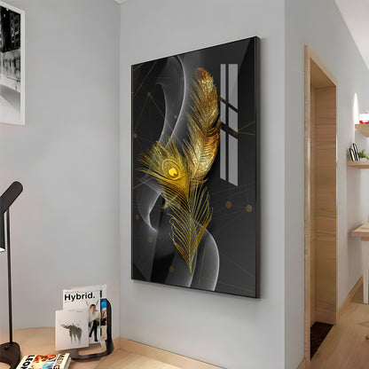 Golden Elegance Feather Premium Acrylic Vertical Wall Art