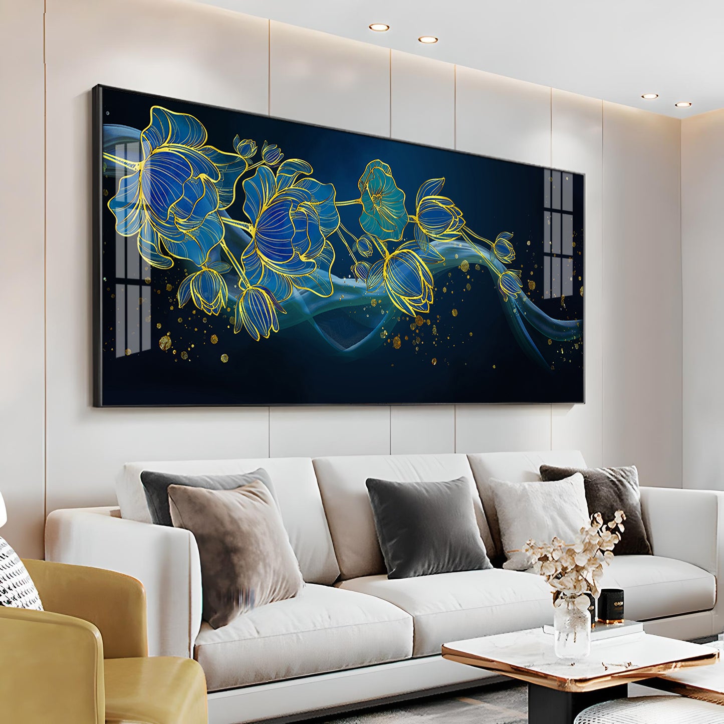 Lotus Flowers In Blue Tones Premium Acrylic Horizontal Wall Art