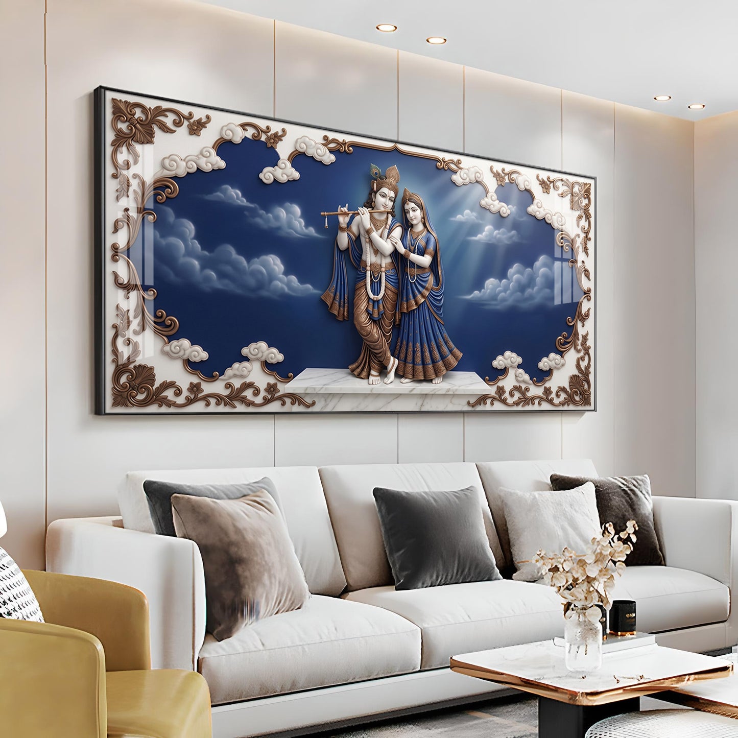 Radha Krishna Surrounded With Blue Backdrop Premium Acrylic Horizontal Wall Art