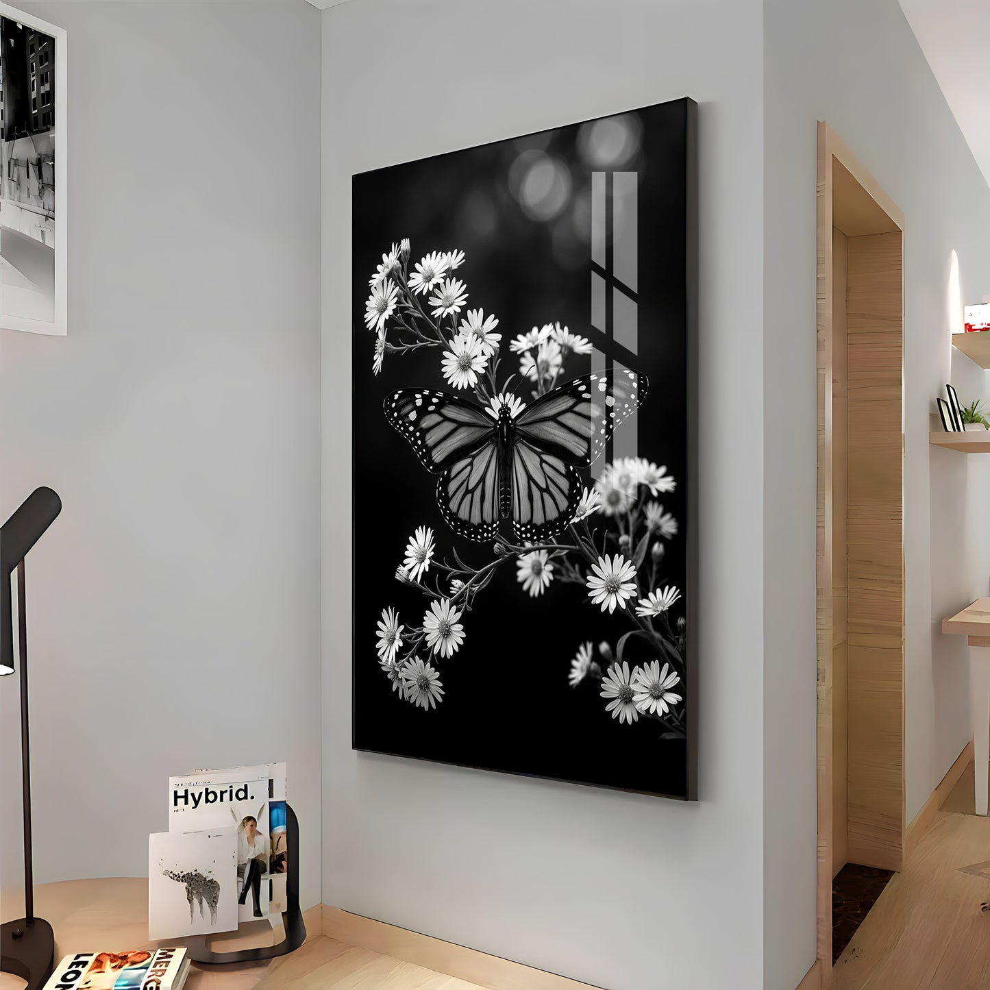 Elegant Black & White Butterfly & Floral Premium Acrylic Vertical Wall Art