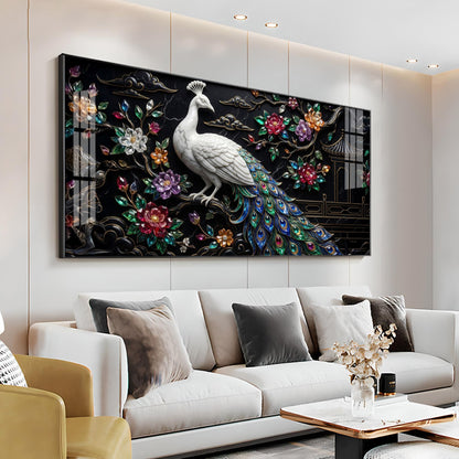 White Peacock With Colorful Background Premium Acrylic Horizontal Wall Art