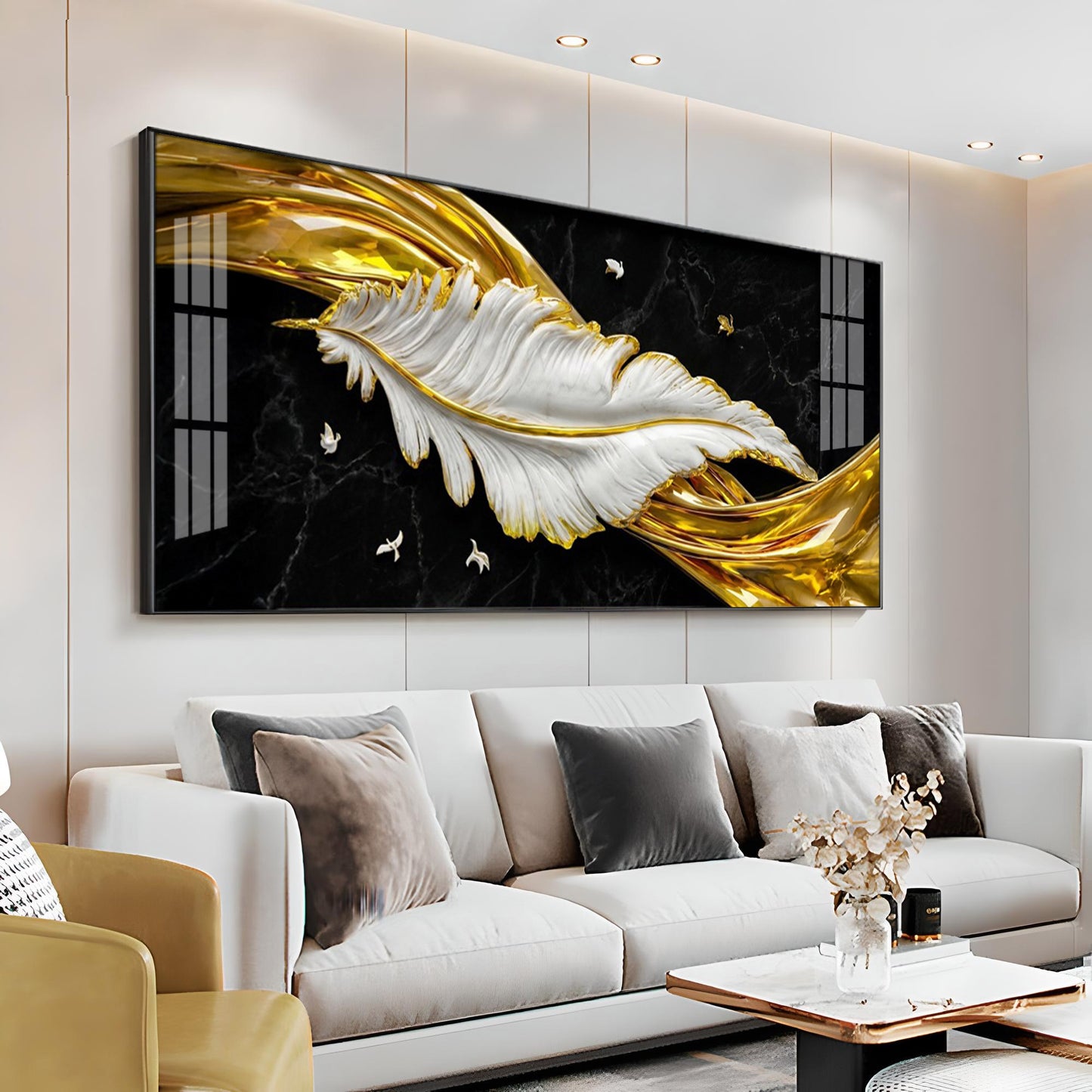 White & Gold Feather Premium Acrylic Horizontal Wall Art