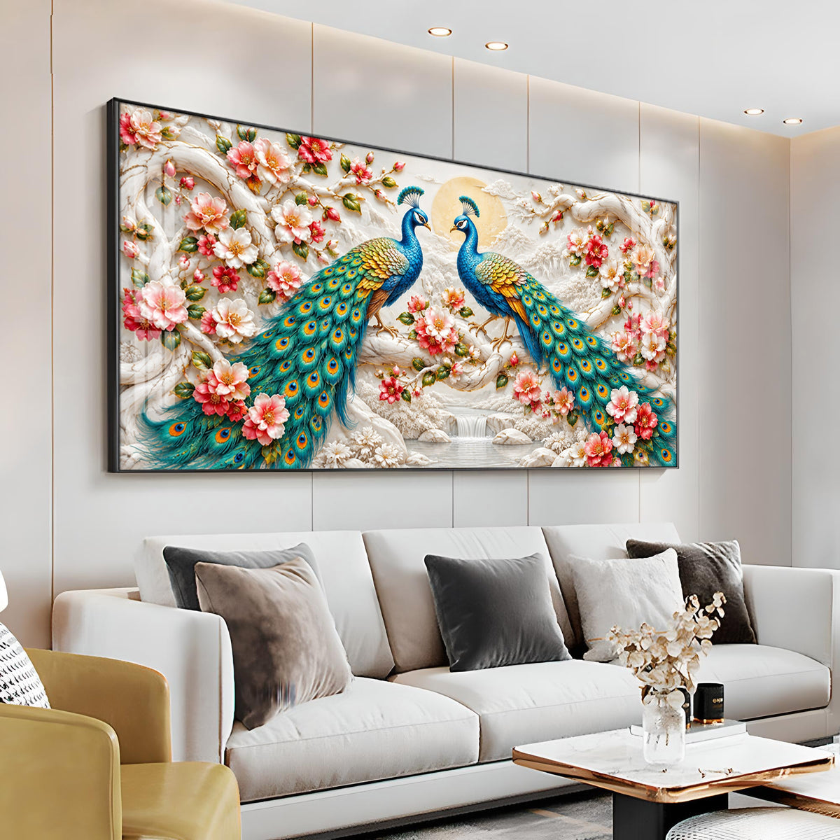 Pair of Peacocks With Flower Premium Acrylic Horizontal Wall Art