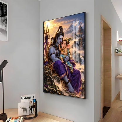 Lord Shiva holding Ganesha Premium Acrylic Vertical Wall Art