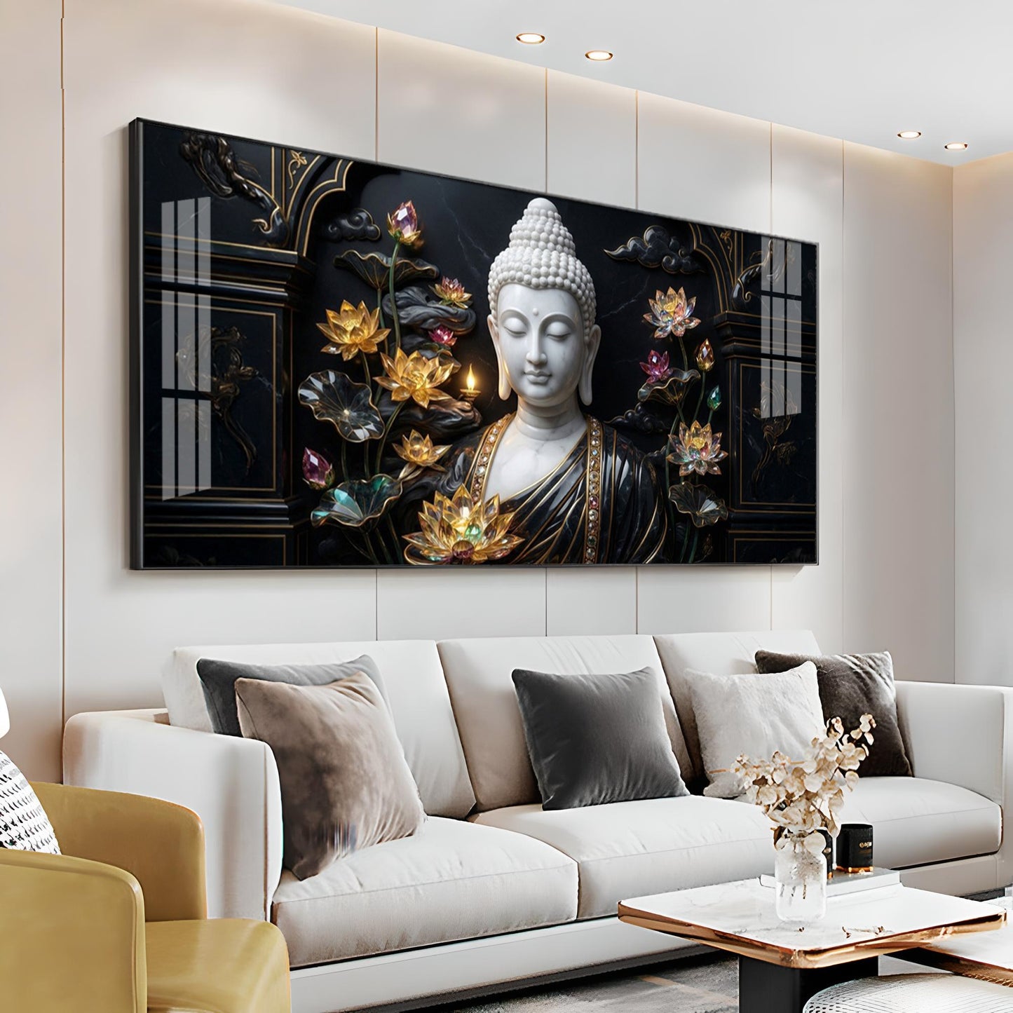 Buddha's Floral Embrace Premium Acrylic Horizontal Wall Art