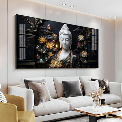 Buddha's Floral Embrace Premium Acrylic Horizontal Wall Art