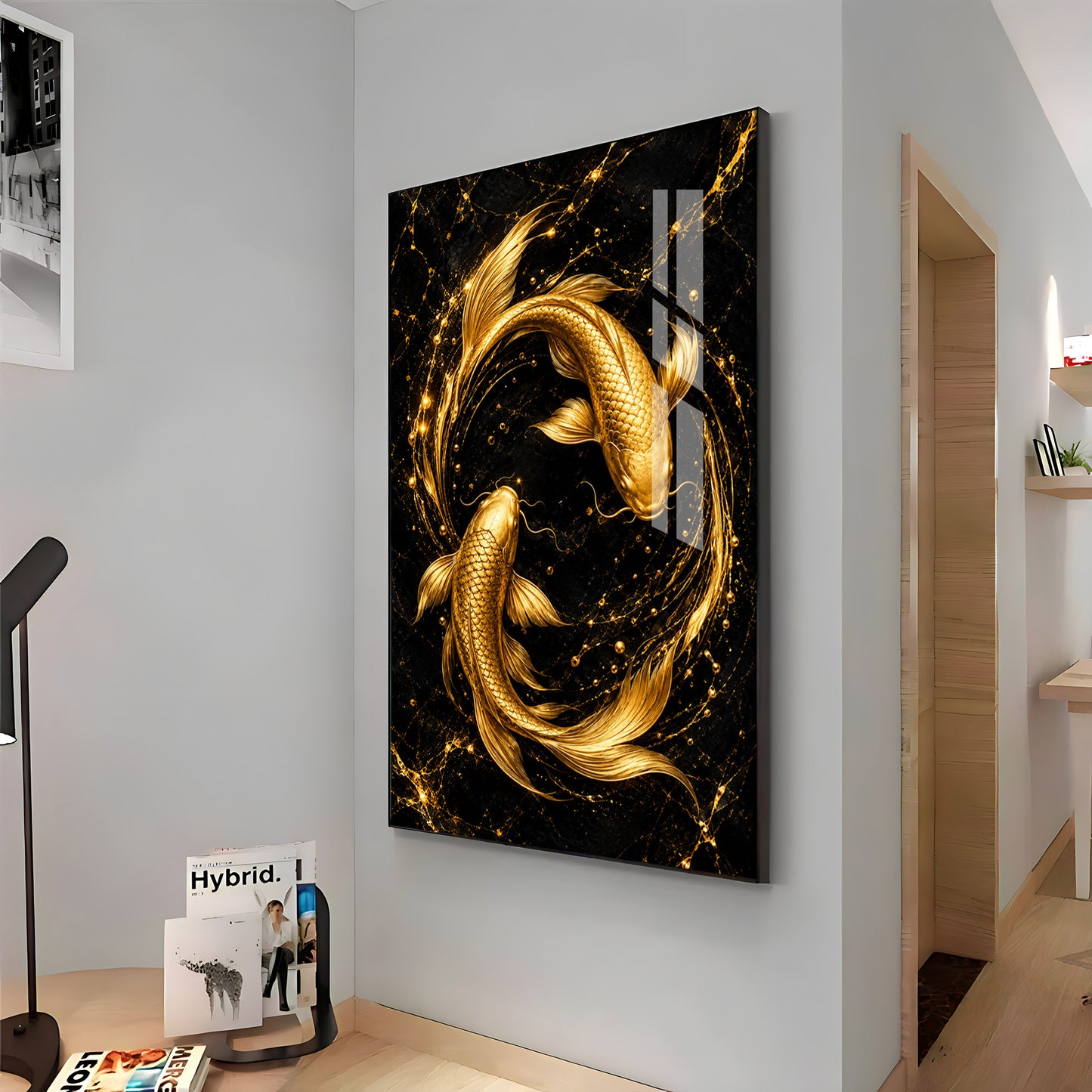 Two Luminous Golden Koi Premium Acrylic Vertical Wall Art